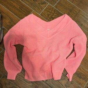 Double V-Neck Waffle Knit Sweater in Bright Pink